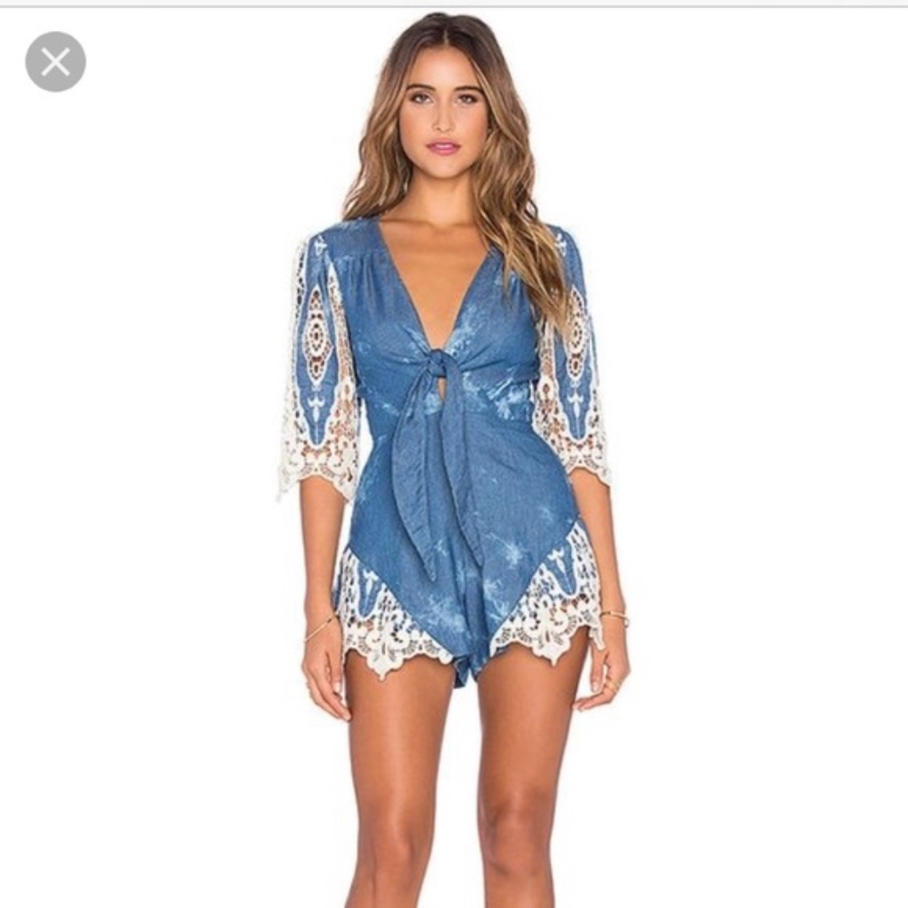 Free People Denim and Lace Romper M